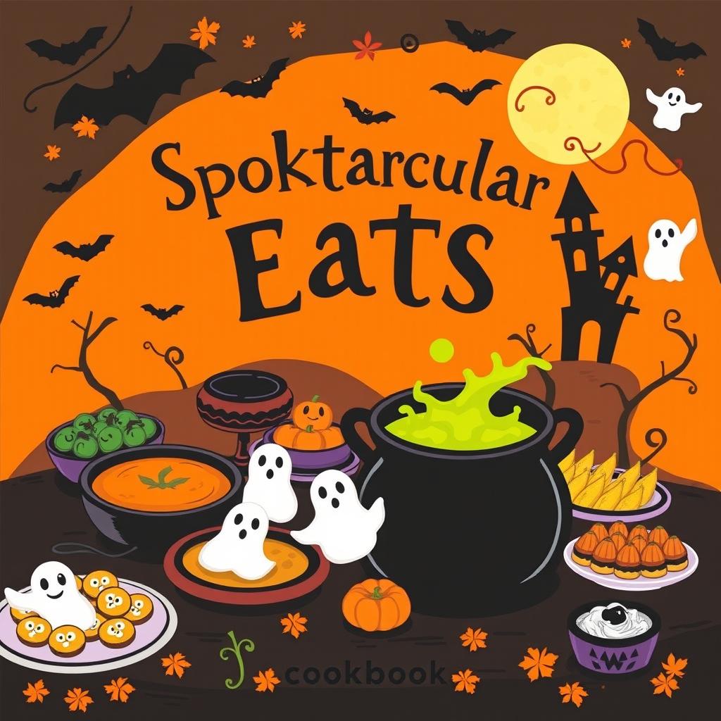 A spooky yet inviting Halloween cookbook cover featuring a vibrant orange and black color scheme