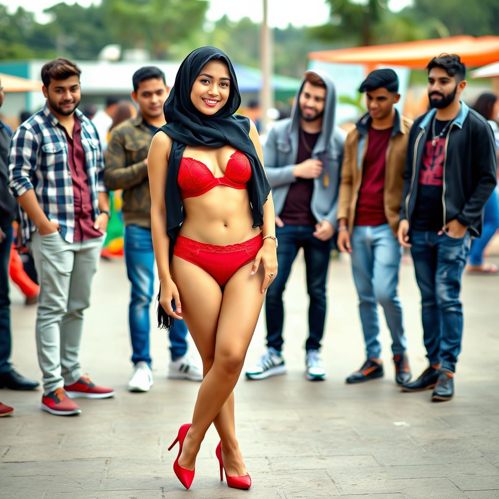 An engaging image of a hijab woman wearing a striking red bra, matching red underwear, and stylish high heels, confidently standing in front of a group of admiring guys