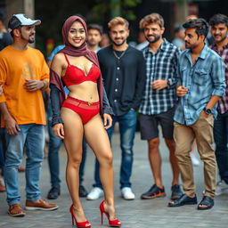 An engaging image of a hijab woman wearing a striking red bra, matching red underwear, and stylish high heels, confidently standing in front of a group of admiring guys