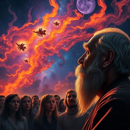 A serene scene featuring an elderly, bearded man in profile, situated in the corner of the image
