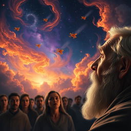 A serene scene featuring an elderly, bearded man in profile, situated in the corner of the image