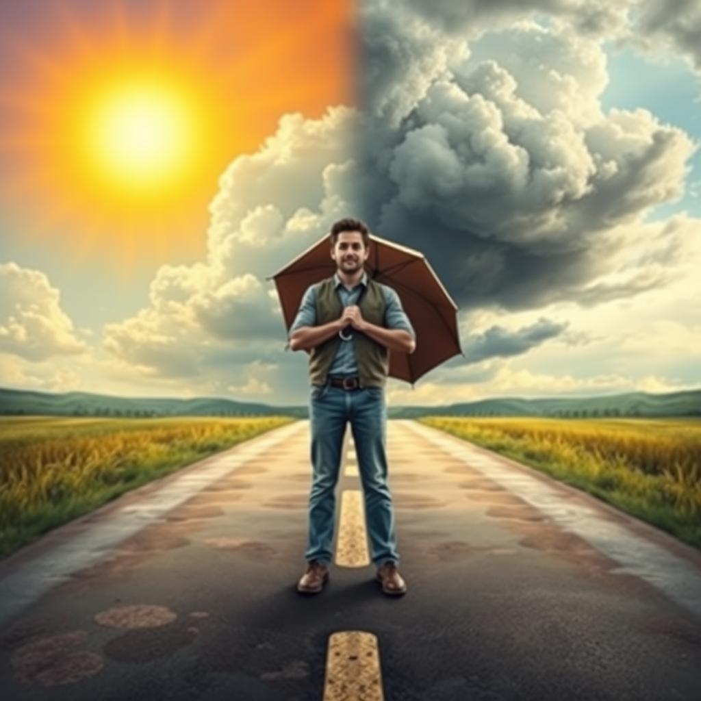 A scene depicting a person standing confidently on a path with crossroads, facing forward with a purposeful expression