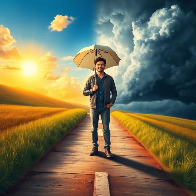 A scene depicting a person standing confidently on a path with crossroads, facing forward with a purposeful expression