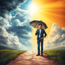 A scene depicting a person standing confidently on a path with crossroads, facing forward with a purposeful expression