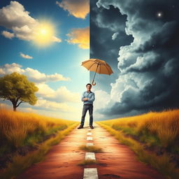 A scene depicting a person standing confidently on a path with crossroads, facing forward with a purposeful expression
