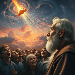 A serene scene featuring an elderly bearded man in profile, situated in the corner of the canvas