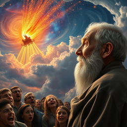A serene scene featuring an elderly bearded man in profile, situated in the corner of the canvas