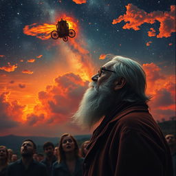 A serene scene featuring a bearded old man in profile, situated in the corner of the canvas