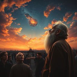 A serene scene featuring a bearded old man in profile, situated in the corner of the canvas