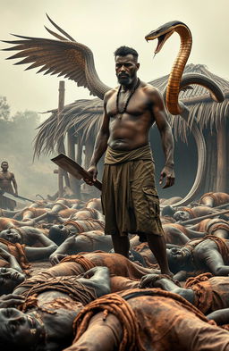 In a dramatic scene depicting a traditional African chief's camp gate, the image features a somber atmosphere where many traditional African men and women lie dead on the ground, their expressions reflecting a grim fate
