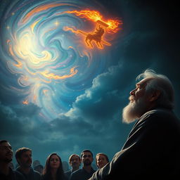 A serene scene featuring an elderly, bearded man in profile, seated in the corner of the canvas