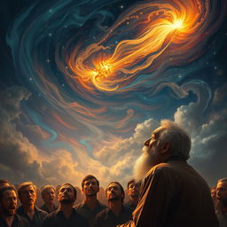 A serene scene featuring an elderly, bearded man in profile, seated in the corner of the canvas