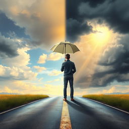A scene depicting a person standing confidently at a crossroads, facing forward with determination and purpose