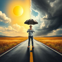 A scene depicting a person standing confidently at a crossroads, facing forward with determination and purpose