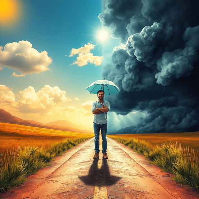 A scene depicting a person standing confidently at a crossroads, facing forward with determination and purpose