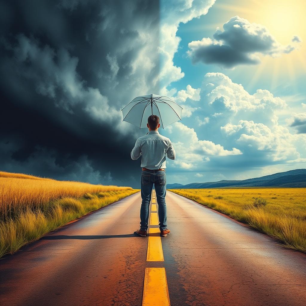 A scene depicting a person standing confidently at a crossroads, facing forward with determination and purpose