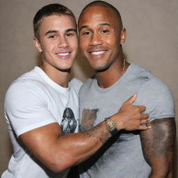 Justin Bieber giving a friendly, brotherly hug to a smiling Dwayne Douglas 'The Rock' Johnson