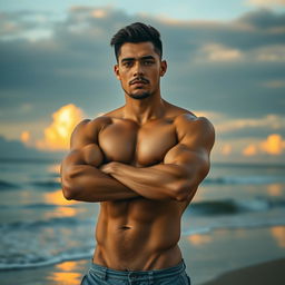 A confident man standing proudly with his arms crossed, showcasing his toned physique