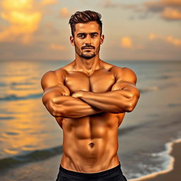 A confident man standing proudly with his arms crossed, showcasing his toned physique