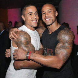 Justin Bieber giving a friendly, brotherly hug to a smiling Dwayne Douglas 'The Rock' Johnson