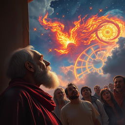 A serene scene featuring an old bearded man in profile, situated in the corner of the canvas, gazing upwards at a mesmerizing sky