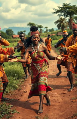 A dramatic scene depicting a traditional African landscape with village paths