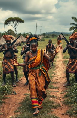 A dramatic scene depicting a traditional African landscape with village paths