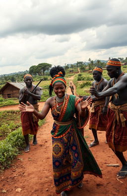 A dramatic scene depicting a traditional African landscape with village paths