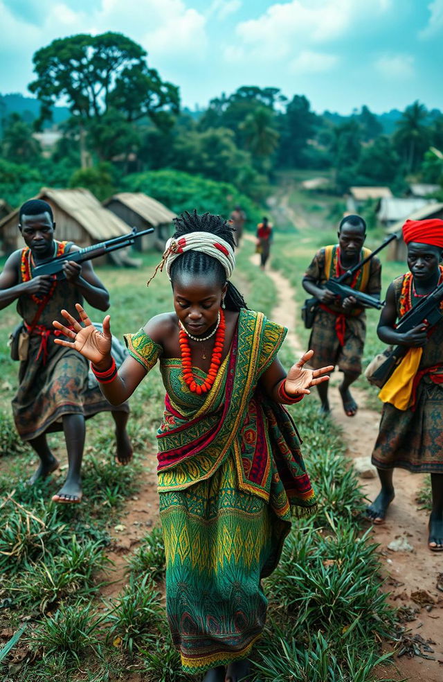 A dramatic scene depicting a traditional African landscape with village paths