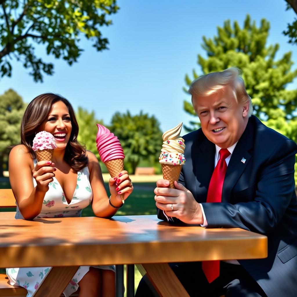 A humorous and lighthearted scene featuring Kamala Harris and Donald Trump enjoying ice cream together