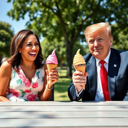 A humorous and lighthearted scene featuring Kamala Harris and Donald Trump enjoying ice cream together