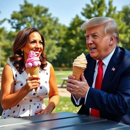 A humorous and lighthearted scene featuring Kamala Harris and Donald Trump enjoying ice cream together