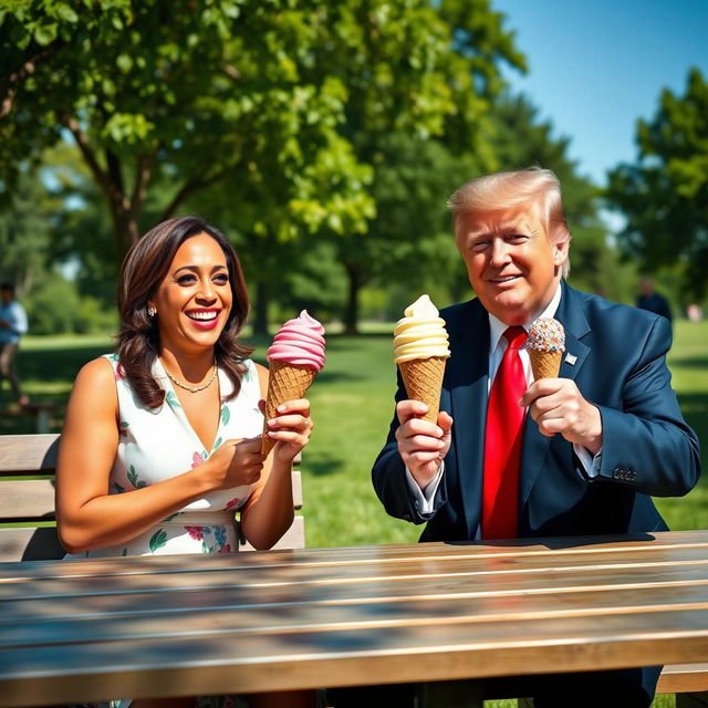 A humorous and lighthearted scene featuring Kamala Harris and Donald Trump enjoying ice cream together