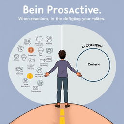 An illustrated guide on the concept of being proactive, depicting a person at a crossroads, symbolizing the choice between responding to circumstances or taking control of their reactions
