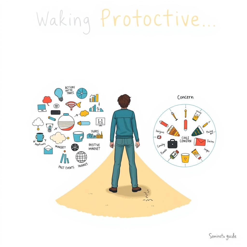 An illustrated guide on the concept of being proactive, depicting a person at a crossroads, symbolizing the choice between responding to circumstances or taking control of their reactions