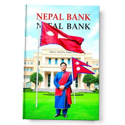 A book cover design featuring the Nepal Rastra Bank building prominently in the background with the Nepal flag waving gracefully in the foreground