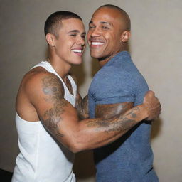 Justin Bieber giving a friendly, brotherly hug to a smiling Dwayne Douglas 'The Rock' Johnson