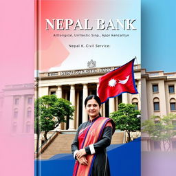 A book cover design featuring the Nepal Rastra Bank building prominently in the background with the Nepal flag waving gracefully in the foreground