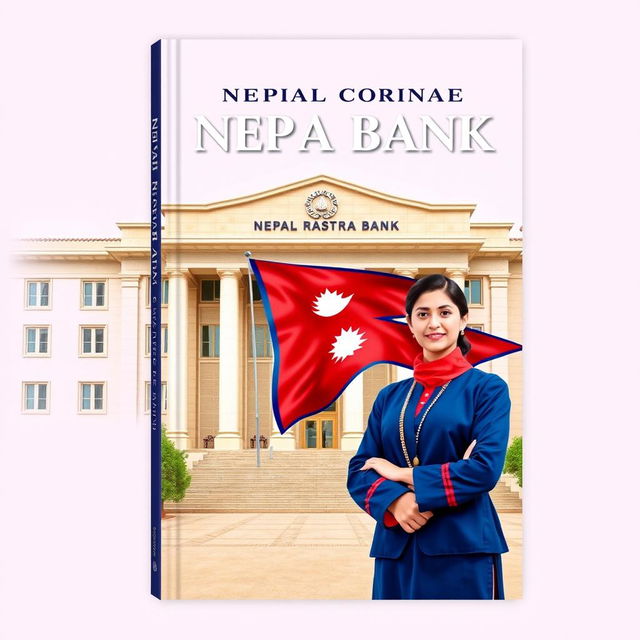 A book cover design featuring the Nepal Rastra Bank building prominently in the background with the Nepal flag waving gracefully in the foreground