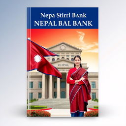 A book cover design featuring the Nepal Rastra Bank building prominently in the background with the Nepal flag waving gracefully in the foreground