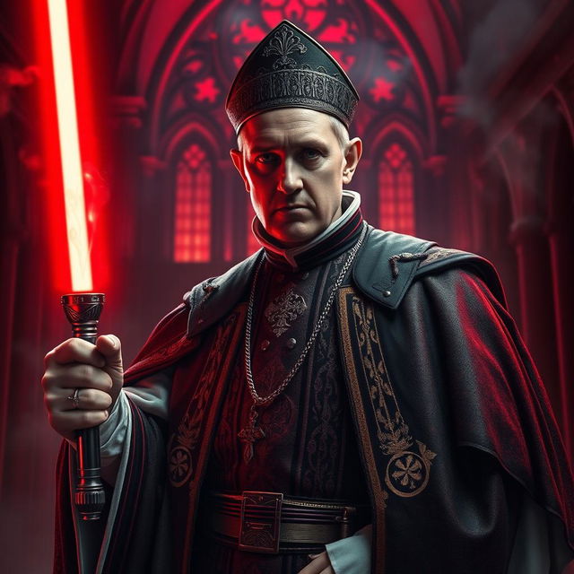 A dramatic and imaginative scene depicting Pope Benedict XIV as a Sith Lord, dressed in an elaborate, dark robe shimmering with hints of red and gold