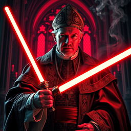 A dramatic and imaginative scene depicting Pope Benedict XIV as a Sith Lord, dressed in an elaborate, dark robe shimmering with hints of red and gold