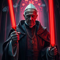 A dramatic and imaginative scene depicting Pope Benedict XIV as a Sith Lord, dressed in an elaborate, dark robe shimmering with hints of red and gold