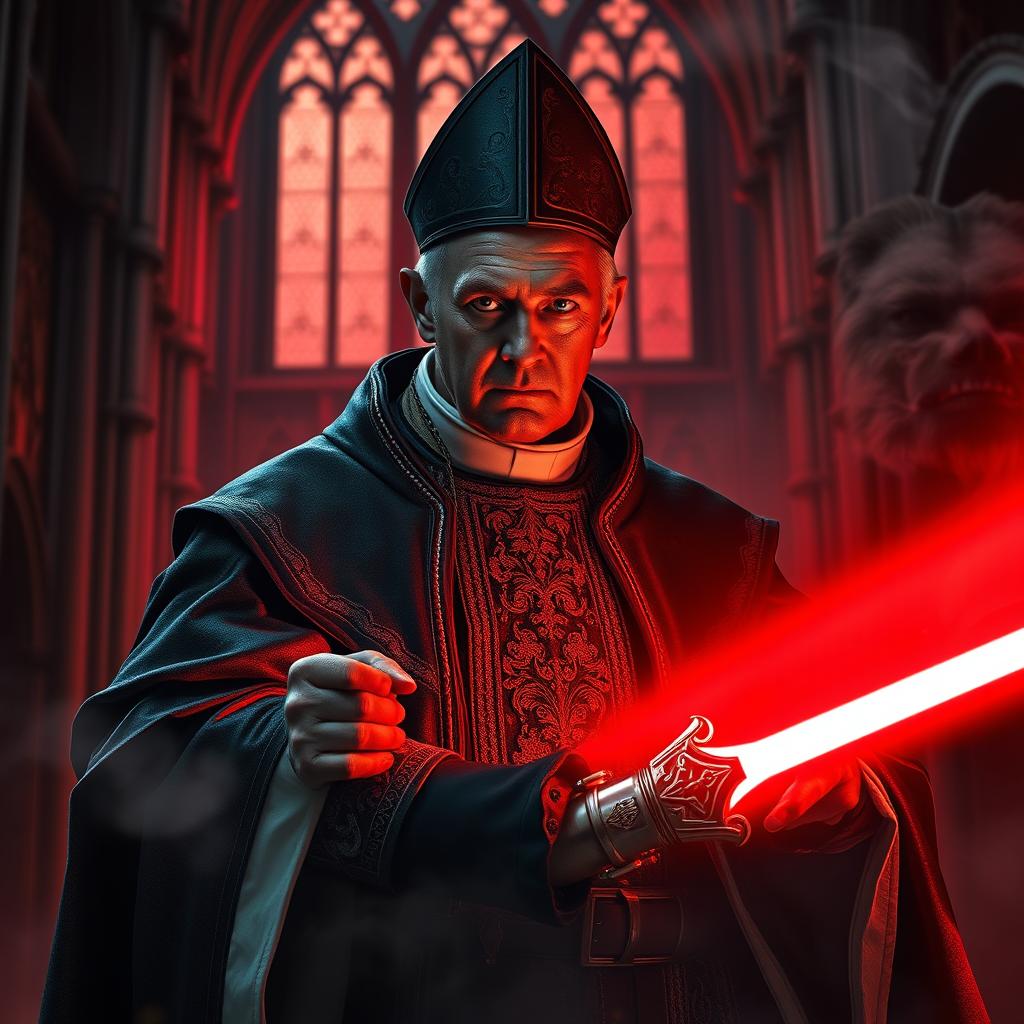 A dramatic and imaginative scene depicting Pope Benedict XIV as a Sith Lord, dressed in an elaborate, dark robe shimmering with hints of red and gold