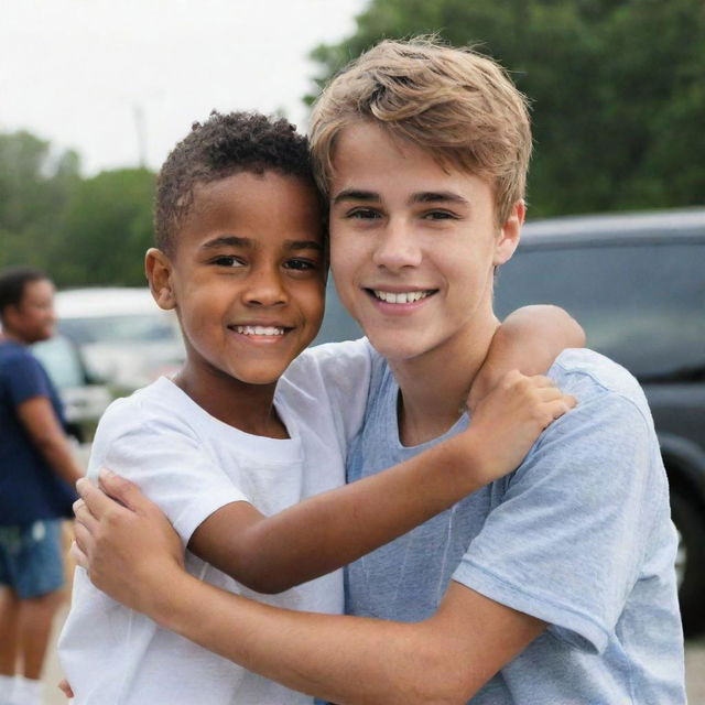 Justin Bieber in casual wear, embracing a young boy