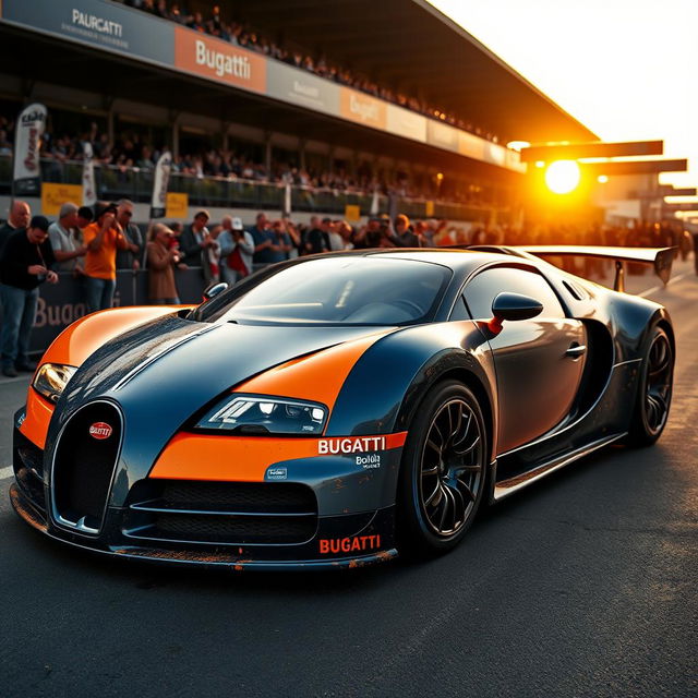 A stunning Bugatti Bolide parked triumphantly after racing in the 24 Hours of Le Mans