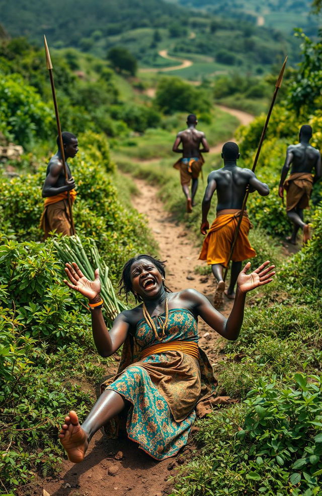 In a traditional African village setting, a young maiden approximately 25 years old is on the ground, visibly distressed and crying for help as she is being dragged through bushy paths by five traditional chief men, each armed with spears, around 37 years old