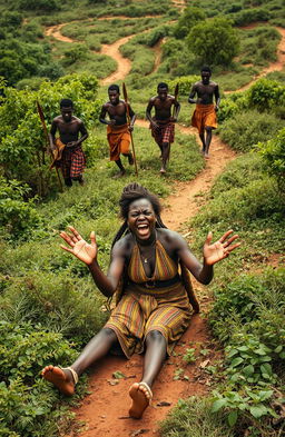 In a traditional African village setting, a young maiden approximately 25 years old is on the ground, visibly distressed and crying for help as she is being dragged through bushy paths by five traditional chief men, each armed with spears, around 37 years old