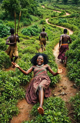 In a traditional African village setting, a young maiden approximately 25 years old is on the ground, visibly distressed and crying for help as she is being dragged through bushy paths by five traditional chief men, each armed with spears, around 37 years old