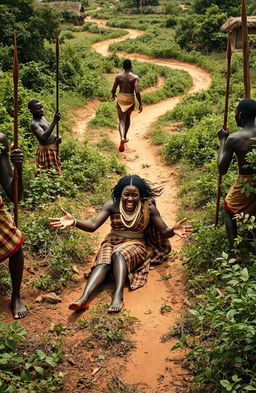 In a traditional African village setting, a young maiden approximately 25 years old is on the ground, visibly distressed and crying for help as she is being dragged through bushy paths by five traditional chief men, each armed with spears, around 37 years old